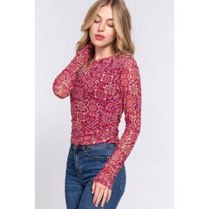 Fitted Long Sleeve Mesh Shirt With Bunched Sides Size Medium- Junior Sizes Avail